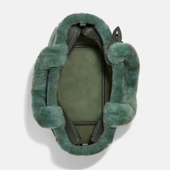 RETAIL Coach Signature Genuine Shearling Tote 22 in Green/Pewter - Picture 6 of 14